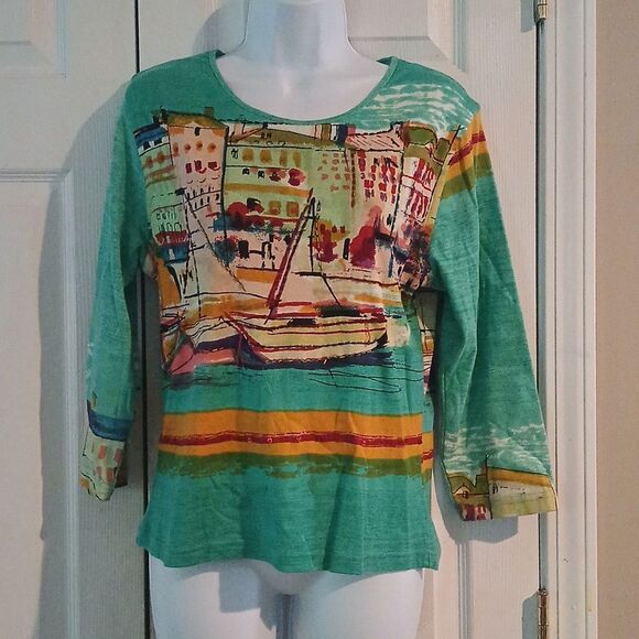 Jane Ashley sail boat city 3/4th length sleeve top Sz S EUC - Picture 1 of 5